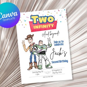 Op de afbeelding: Een kleurrijke verjaardagsuitnodiging met Woody en Buzz Lightyear uit Toy Story. De uitnodiging luidt "Two Infinity and beyond!" en "Join us to celebrate Jack's Second Birthday".