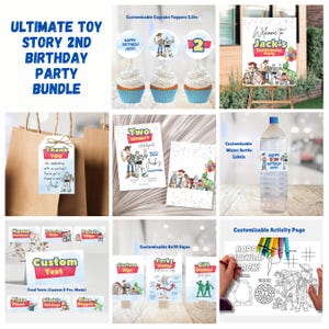 May include: A printable party bundle for a Toy Story themed second birthday party. The bundle includes a welcome sign, cupcake toppers, water bottle labels, food tent signs, a thank you tag, an invitation, and an activity page. The colors are blue, red, green, yellow, and white.