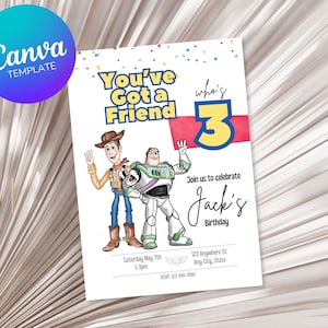 May include: A birthday invitation featuring Woody and Buzz Lightyear from the Toy Story movie franchise. The invitation is decorated with colorful confetti and the text "You've Got a Friend" and "who's 3". The invitation includes the text "Join us to celebrate Jack's Birthday" and details for the party, including the date, time, and location.