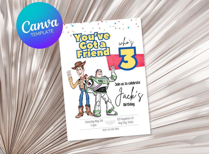 May include: A birthday invitation featuring Woody and Buzz Lightyear from the Toy Story movie franchise. The invitation is decorated with colorful confetti and the text "You've Got a Friend" and "who's 3". The invitation includes the text "Join us to celebrate Jack's Birthday" and details for the party, including the date, time, and location.