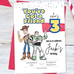 May include: A birthday invitation featuring Woody and Buzz Lightyear from the Toy Story movie franchise. The invitation is for a boy named Jack's 3rd birthday party. The text reads "You've Got a Friend who's 3" and "Join us to celebrate Jack's Birthday".