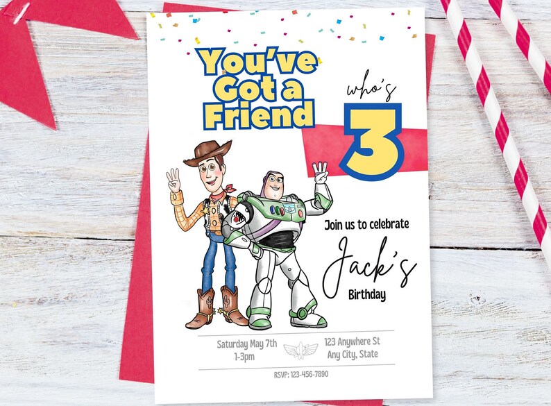 May include: A birthday invitation featuring Woody and Buzz Lightyear from the Toy Story movie franchise. The invitation is for a boy named Jack's 3rd birthday party. The text reads "You've Got a Friend who's 3" and "Join us to celebrate Jack's Birthday".