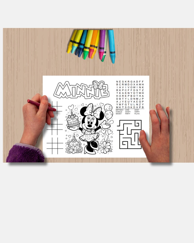 May include: A black and white coloring page featuring Minnie Mouse holding a birthday cake. The page includes a word search puzzle with the words "Birthday Cake", "Daisy", "Donald", "Goofy", "Happy", "Mickey", "Party", and "Pluto".