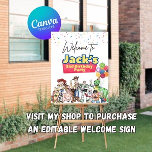 Op de afbeelding: Een printbaar welkomsbord voor een verjaardagsfeest met de personages uit de Toy Story-filmfranchise. Het bord is wit met kleurrijk confetti en de tekst "Welkom bij Jack's 2nd Birthday Party".