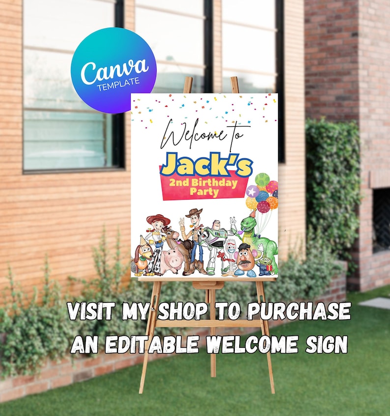Op de afbeelding: Een printbaar welkomsbord voor een verjaardagsfeest met de personages uit de Toy Story-filmfranchise. Het bord is wit met kleurrijk confetti en de tekst "Welkom bij Jack's 2nd Birthday Party".
