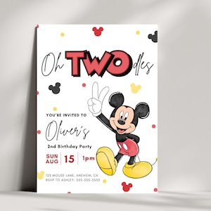 May include: A white birthday invitation with red, yellow and black polka dots. The invitation features a cartoon image of Mickey Mouse with the text "Oh TWO-dles" and "Oliver's 2nd Birthday Party".