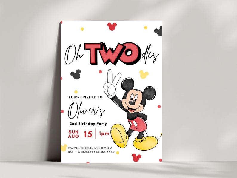May include: A white birthday invitation with red, yellow and black polka dots. The invitation features a cartoon image of Mickey Mouse with the text "Oh TWO-dles" and "Oliver's 2nd Birthday Party".