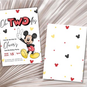 May include: A Mickey Mouse themed birthday invitation for a 2nd birthday party. The invitation features a cartoon image of Mickey Mouse with the text "Oh TWOdles" and "Oliver's 2nd Birthday Party".