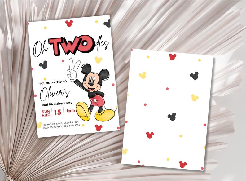 May include: A Mickey Mouse themed birthday invitation for a 2nd birthday party. The invitation features a cartoon image of Mickey Mouse with the text "Oh TWOdles" and "Oliver's 2nd Birthday Party".