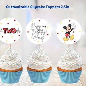 May include: Three cupcake toppers with 2.5 inch round circles. The first topper has a red and yellow design with the text "Oh TWO-dles". The second topper has a white circle with red and yellow dots and the text "Happy 2nd Birthday! Henry". The third topper has a white circle with red and yellow dots and a cartoon image of Mickey Mouse with the text "Mickey Mouse".
