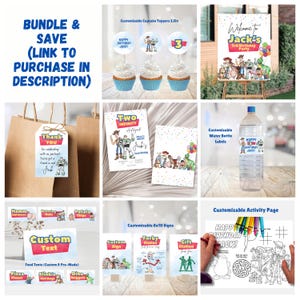 May include: A digital printable party pack for a Toy Story themed birthday party. The pack includes cupcake toppers, a welcome sign, water bottle labels, food tent cards, activity page, and 8x10 signs. The colors are blue, red, yellow, green, and white. The theme is Toy Story.
