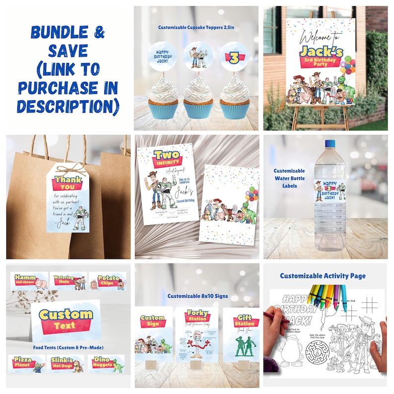 May include: A digital printable party pack for a Toy Story themed birthday party. The pack includes cupcake toppers, a welcome sign, water bottle labels, food tent cards, activity page, and 8x10 signs. The colors are blue, red, yellow, green, and white. The theme is Toy Story.