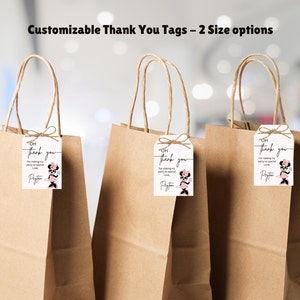 May include: Three brown paper gift bags with white thank you tags attached. The tags feature a cartoon image of Minnie Mouse and the text "OH Thank you for making my party so special Love, Peyton".