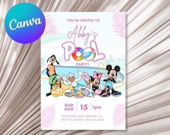 Mickey & Friends Birthday Pool Party, Mickey Donald, Minnie, Goofy Summer Invite, Editable Canva Template