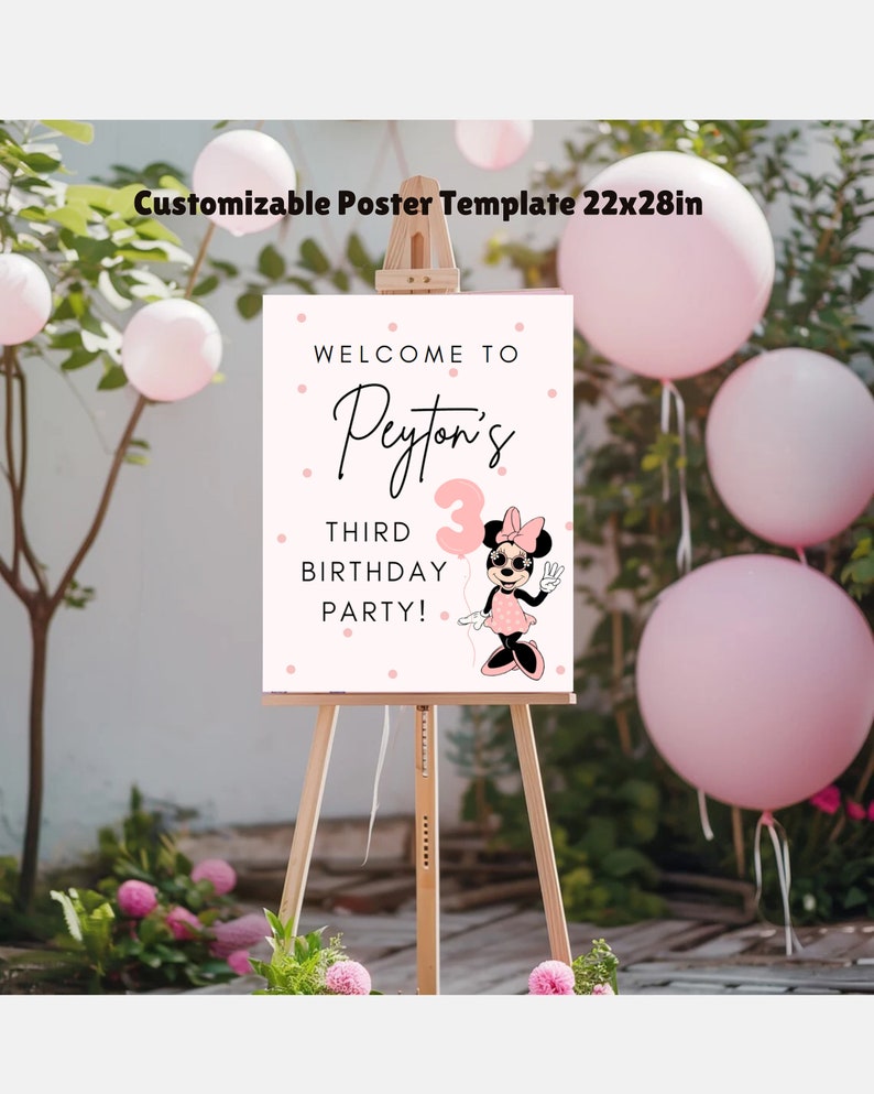 May include: A pink and white welcome sign with polka dots and a Minnie Mouse character. The sign says "Welcome to Peyton's Third Birthday Party!"
