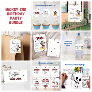 May include: Mickey Mouse themed birthday party printable bundle with a variety of items including cupcake toppers, water bottle labels, food labels, signs, and an activity page. The items are customizable with the child's name and age. The colors are red, yellow, and black.