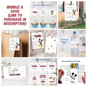 May include: A printable Mickey Mouse themed party bundle for a second birthday. The bundle includes cupcake toppers, water bottle labels, food labels, signs, and an activity page. The colours are red, yellow, and black.