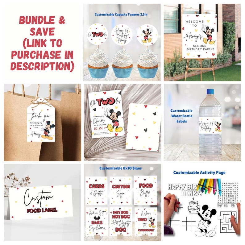 May include: A printable Mickey Mouse themed party bundle for a second birthday. The bundle includes cupcake toppers, water bottle labels, food labels, signs, and an activity page. The colours are red, yellow, and black.