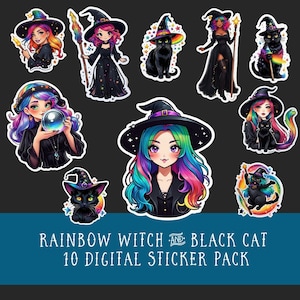 Regenbogen Hexe Schwarze Katze Digital Sticker Pack | 10 png Aufkleber | digitale Clipart für Planer | digital nutzen oder ausdrucken