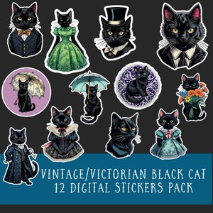 Vintage viktorianische schwarze Katze Digital Sticker Pack | 12 ausgeschnittene png Aufkleber | digitale Clipart für Planer | digital nutzen oder ausdrucken