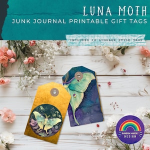 Luna Moth Vintage Junk Journal Digi Kit | Druckbare Geschenkanhänger |Ephemera | Junk Journal Folio Motte | Junk Journal Kit | Blattgold | Himmlisch