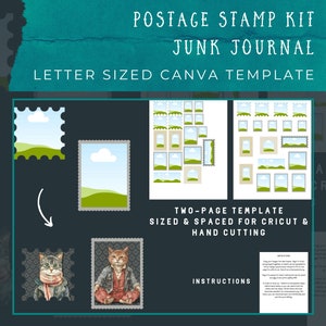 Op de afbeelding: Een digitale sjabloon voor een junk journal, met postzegelontwerpen. De sjabloon bevat twee pagina's, formaat letter, en is ontworpen voor gebruik met Cricut-machines en handmatig snijden. De afbeelding bevat ook instructies.