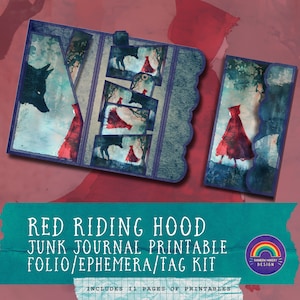 May include: Printable junk journal kit featuring Red Riding Hood. The kit includes 11 pages of printable ephemera, tags, and a folio. The design is in a watercolour style with a blue and red colour scheme.
