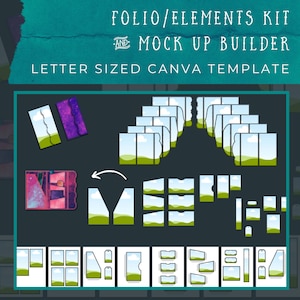 May include: A digital template for creating a folio or mock-up using Canva. The template includes a variety of elements, including a letter-sized canvas, a folio mockup, and various shapes and lines. The template is designed to help users create professional-looking folios and mock-ups.
