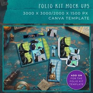 May include: A digital mockup of a Halloween-themed folio kit featuring black cats and witch hats on a blue wooden background. The kit includes various sizes of cards and envelopes, ideal for crafting unique Halloween projects.