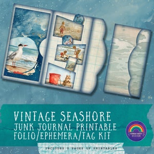 May include: Vintage Seashore Junk Journal Printable Folio/Ephemera/Tag Kit includes 8 pages of printables. The kit features a blue and white watercolor background with images of a seagull, a bucket, and a beach scene.