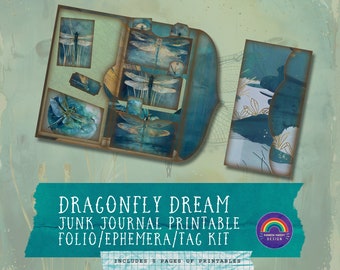 Paper Folio | Vintage Printable Journal | Vintage Journal Papers | Dragonfly Junk Journal | 8 Pages Pocket Ephemera | Tags Scrapbooking
