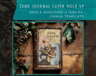 Junk Journal Cover Mock up - open tattered & torn art diary. Altered book, vintage ephemera scrapbook. Canva frame. Leafy wooden background