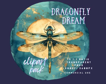 Dragonfly Clipart | Mystical PNG | Dragonfly Art | Print on Demand | Watercolor Dragonfly Clipart | Commercial License Png | Gold Teal Witch
