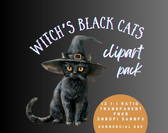 Halloween Witch's Black Cat Clipart | cat PNG | witchy Art | Print on Demand | Watercolor Clipart | Commercial License Png |