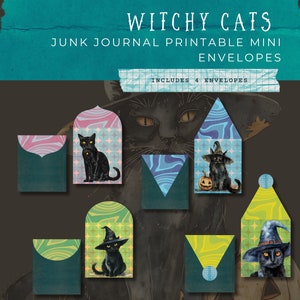 Enveloppes pour journal indésirable Witchy Black Cats, aquarelle fantaisiste kit de journal indésirable imprimable embellissements Junk Journal papiers kit de création