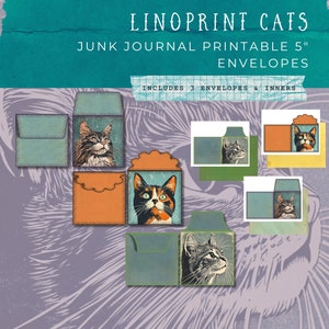 Linoprint cats square envelopes | Digital Collage | Collage Sheet 11 X 8.5 | printable envelopes | Ephemera | Junk Journal 5 inch envelopes
