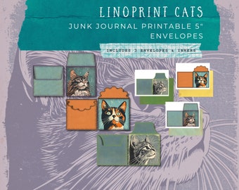 Sobres cuadrados de gatos con impresión en linóleo / Collage digital / Hoja de collage de 11 x 8,5 / Sobres imprimibles / Efímeras / Sobres de 5 pulgadas para Junk Journal