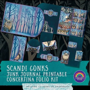 May include: A printable junk journal kit featuring whimsical forest creatures with a Scandinavian theme. The kit includes 10 pages of printables and is titled "Scandi Gonks Junk Journal Printable Concertina Folio Kit".