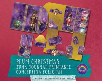 Plum Christmas Nutcracker Loaded Folio Pocket | Digital Collage | Sheet 11 X 8.5 | Waterfall Cards | Ephemera | Concertina Panel Mini JJ