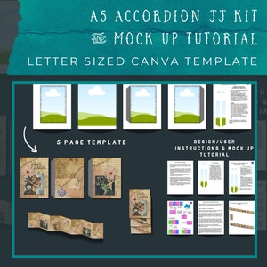 以下が含まれることがあります： Canva 用の 5 ページ A5 アコーディオン ブックレット テンプレート。テンプレートには、緑と青の風景デザイン、花のデザイン、モックアップ チュートリアルの作成手順が含まれています。画像の上部には「A5 ACCORDION JJ KIT AND MOCK UP TUTORIAL」というテキストがあります。最初のテキストの下には「LETTER SIZED CANVA TEMPLATE」というテキストがあります。風景デザインの下には「5 PAGE TEMPLATE」というテキストがあります。風景デザインの下には「DESIGN/USER INSTRUCTIONS & MOCK UP TUTORIAL」というテキストがあります。画像の右側には「USER & MOCK UP TUTORIAL」というテキストがあります。