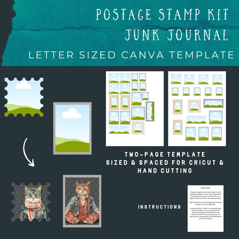 Postage Stamps Junk Journal Kit Creator Template | 3 Sizes | CANVA ...