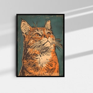 Ginger Cat Orange Cat Lino Printable Wall Art Mid Century Modern Style Poster Boho Art Print Cat Person Gift Digital Download