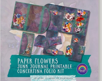 Paper Flowers Loaded Folio Pocket | Digital Collage | Collage Sheet 11 X 8.5 | Waterfall Cards | Ephemera | Concertina Panels Flaps Mini JJ