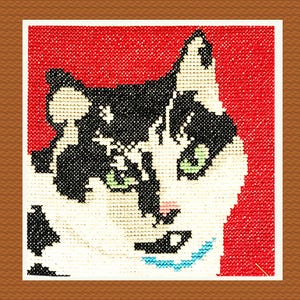 May include: Cross-stitch depiction of a cat with black and white fur, green eyes, and a blue collar, on a red backdrop. The artwork is framed in a square with a brown border, highlighting the detailed needlework.