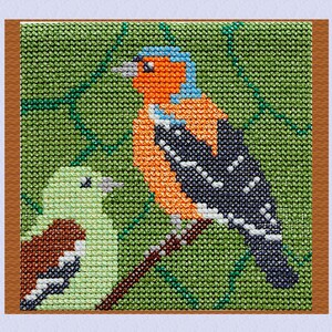 May include: A cross-stitch pattern of two birds perched on a branch. The larger bird is orange, black, and blue, while the smaller bird is green and brown.