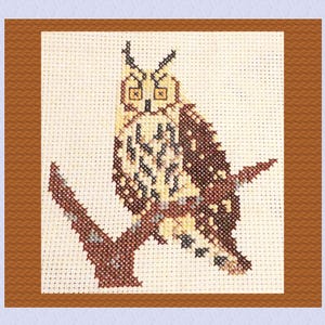 May include: A brown and white owl with yellow eyes is perched on a brown branch. The owl is embroidered on a white background with a brown border.