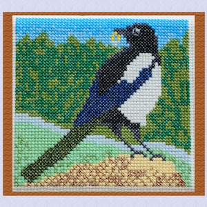 May include: A black and white magpie with a blue wing, perched on a brown and yellow mound of earth. The bird is looking to the left and has a yellow beak. The background is a green and blue landscape.
