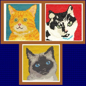 May include: Three framed needlepoint cat portraits. One is an orange tabby on a teal background, another is a black and white cat on red, and the third is a Siamese cat on yellow. Each cat is centered in its frame.