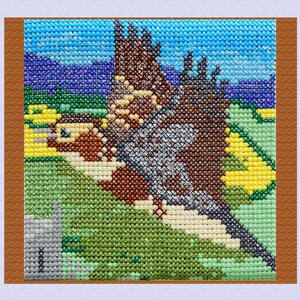 May include: A cross-stitch pattern of a brown and grey bird in flight against a green and yellow background.