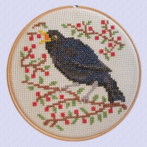 May include: A cross-stitch embroidery of a blackbird with red berries and green leaves on a beige background, framed in a wooden hoop.